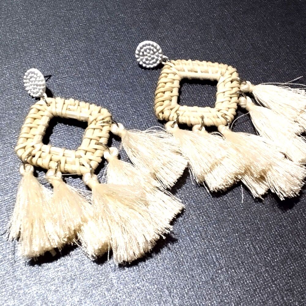 Boho Inspired Fringed Raffia Drop Pierced Earrings